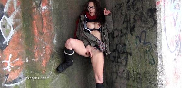  Geeky outdoor public nudity of sexy skinny babe flashing boobs and showing